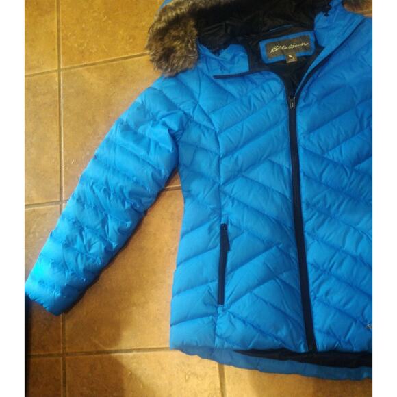 Eddie Bauer Womens Quilted Blue Goose Down Puffer Coat Faux Fur Hood Small EUC - Picture 9 of 13